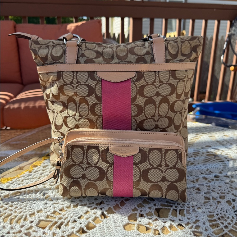 Coach signature stripe  C tote bag with matching wristlets.
